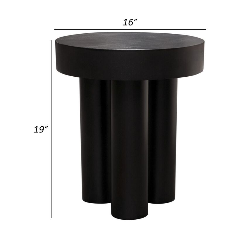 16 Inch Modern End Table, Thick Sturdy Surface, Tripod Legs, Black Wood - Benzara