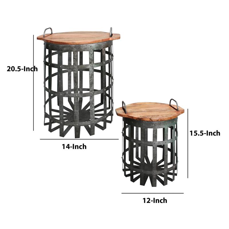 Industrial Grid Galvanized Accent End Table with Round Lid and Handles, Set of 2, Gray and Brown-Benzara