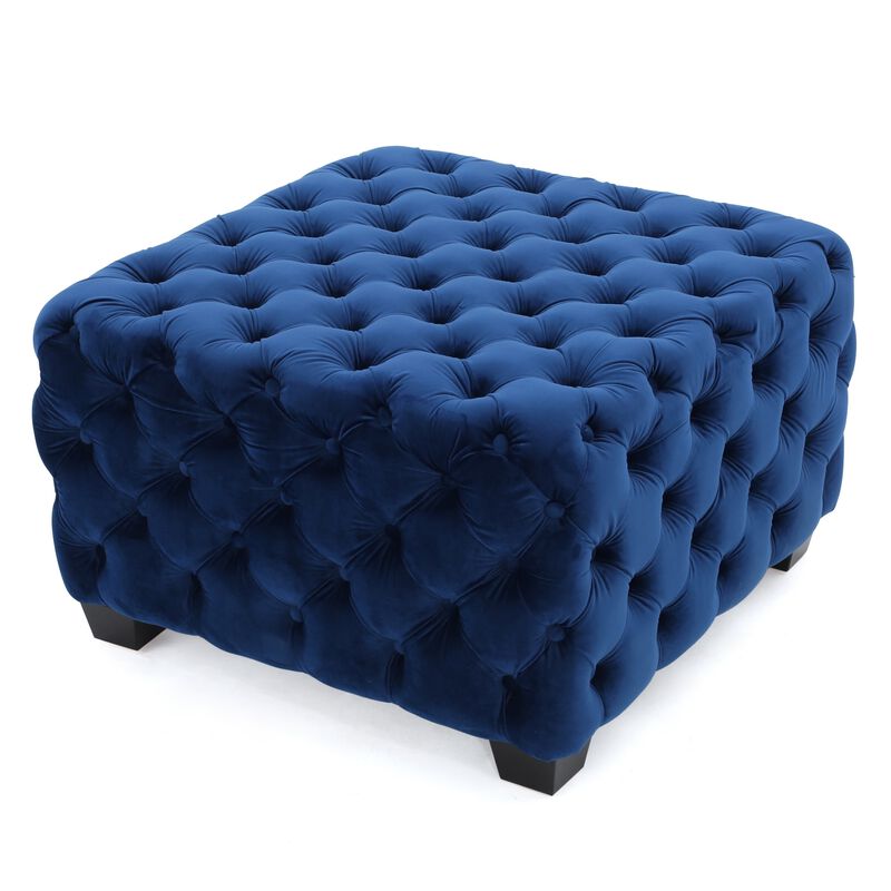 Ottoman, Modern Button Tufted, Navy Blue Velvet, 29 Inch Square Shape -Benzara