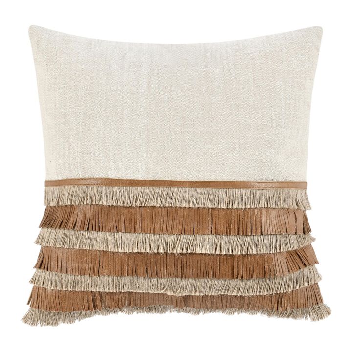 Accent Throw Pillow, Cotton Jute and Leather Fringe, 20 Inch Square - Benzara