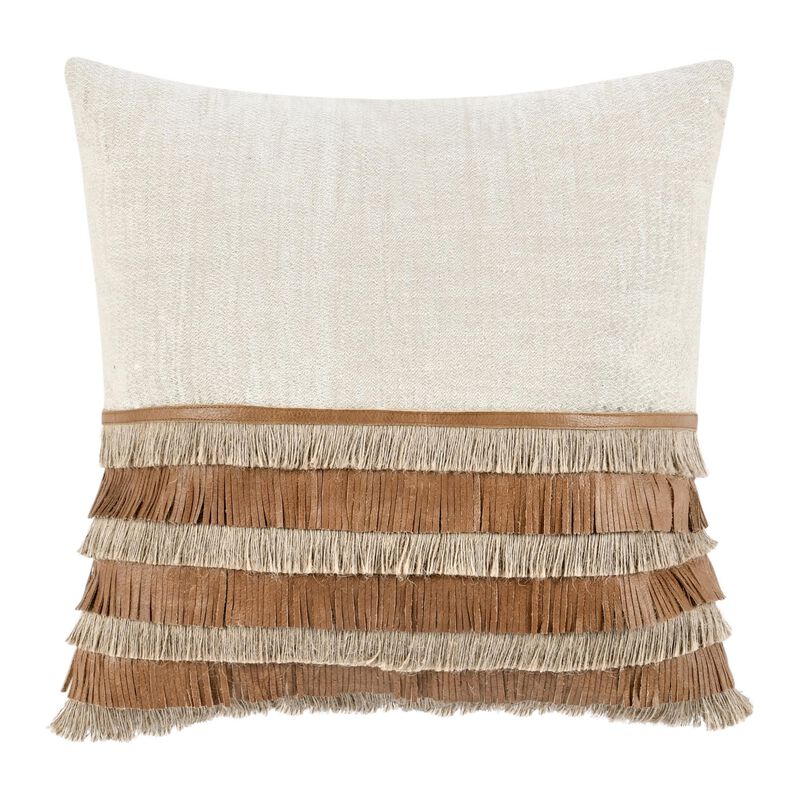 Accent Throw Pillow, Cotton Jute and Leather Fringe, 20 Inch Square - Benzara