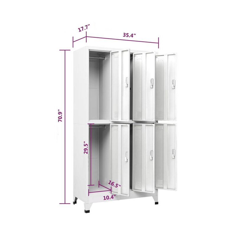 Nova Locker Cabinet, 6 Storage Compartments, Gray Steel, 71 Inch - Benzara