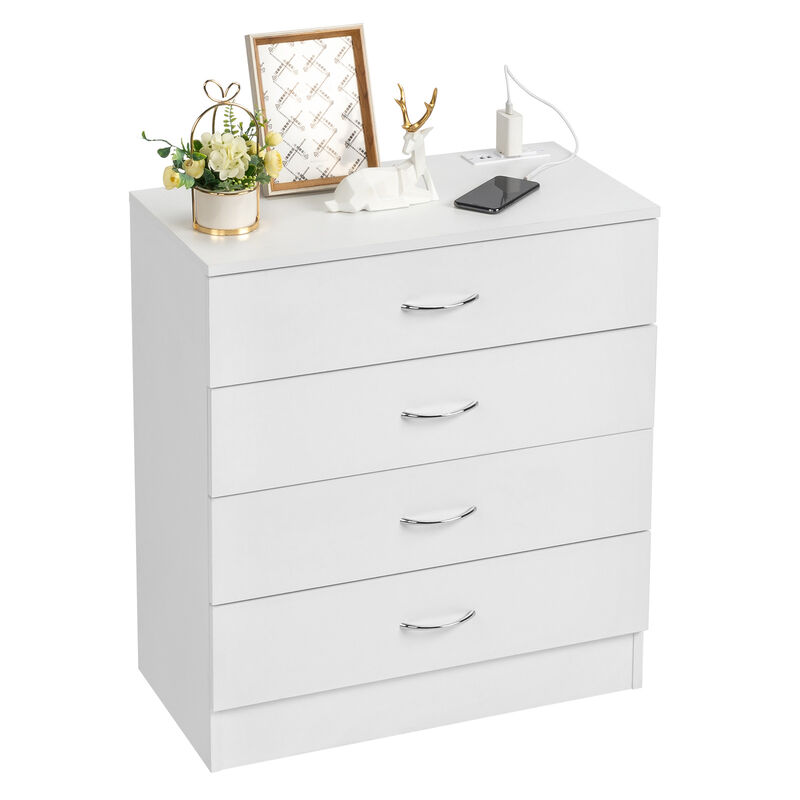 Wood 4-Drawer Nightstand with USB Ports & Outlet, Simple Storage Dresser for Bedroom