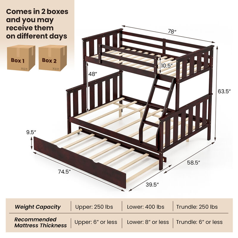 3-in-1 Twin Over Full Bunk Bed with Trundle and Ladder