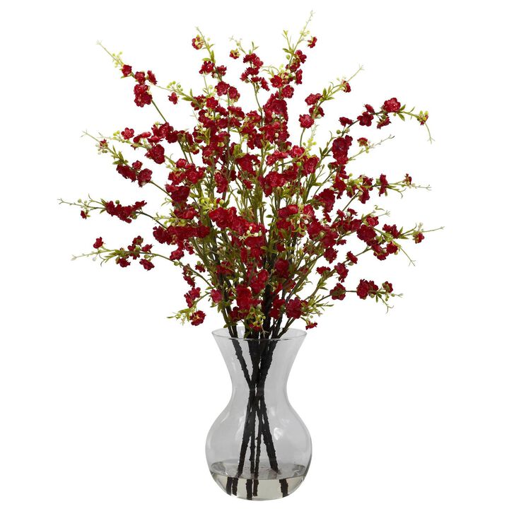 Nearly Natural Cherry Blossoms w/Vase Arrangement Red