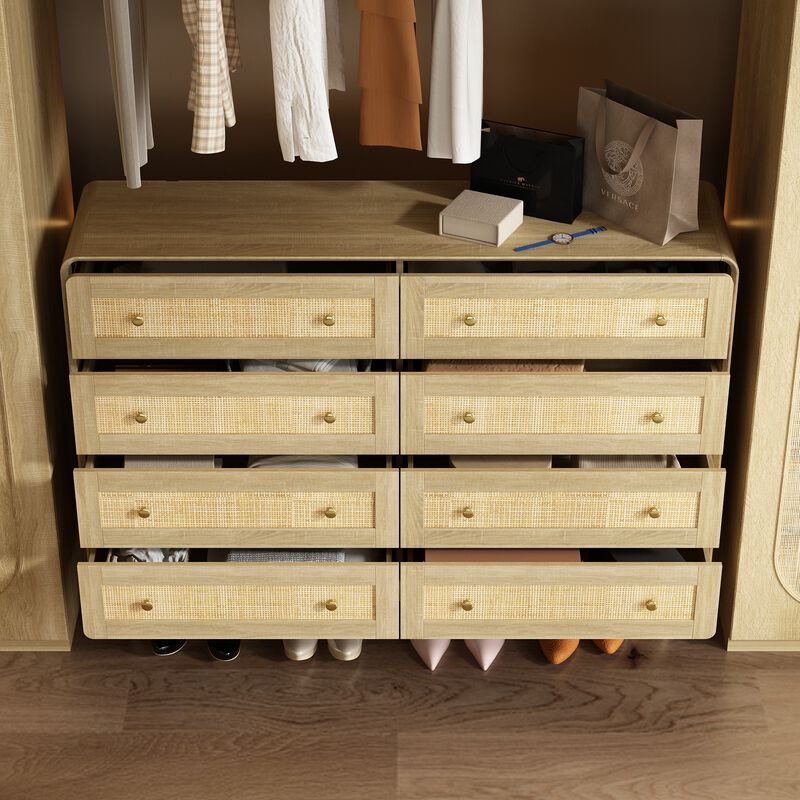 FUFU&GAGA Modern Rattan Dresser with 8 Drawers, PB Board with Gold Accents (55.1" W x 40" H x 13.9" D), Oak
