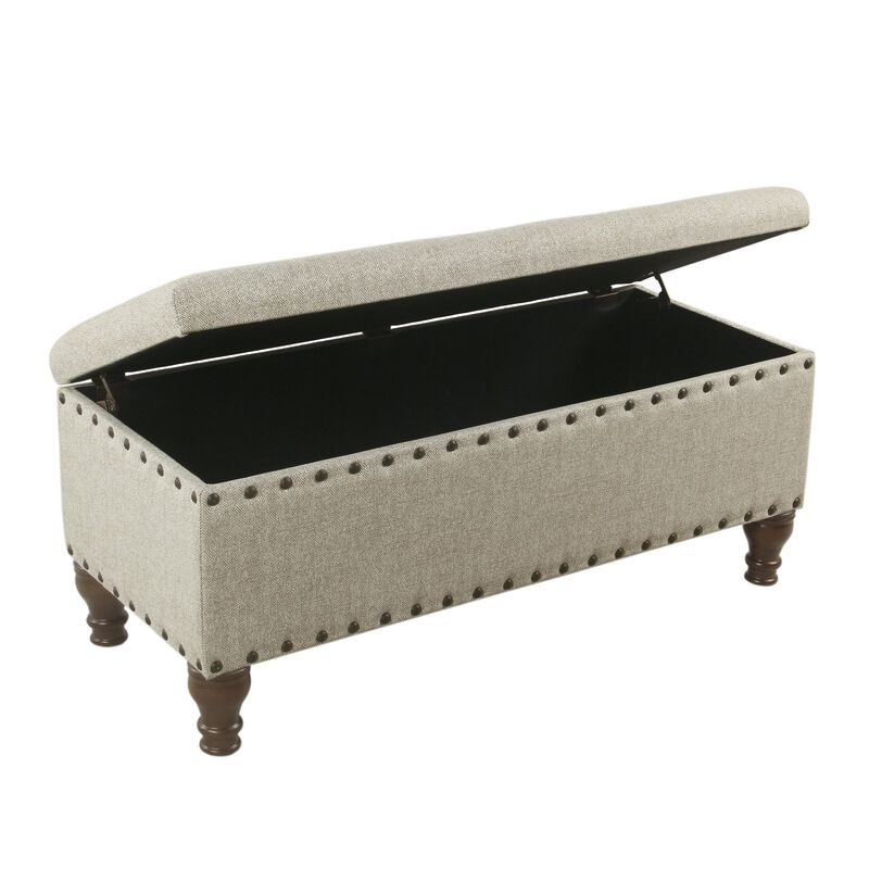 Textured Fabric Upholstered Wooden Storage Bench With Nail head Trim, Large, Beige and Brown - Benzara