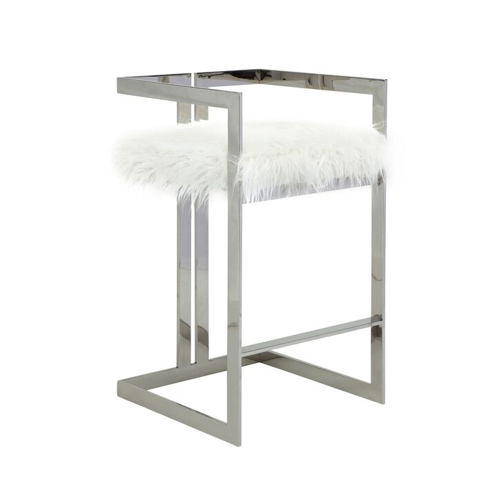 Suki 30 Inch Barstool Chair, White Faux Fur, Silver Stainless Steel Frame - Benzara
