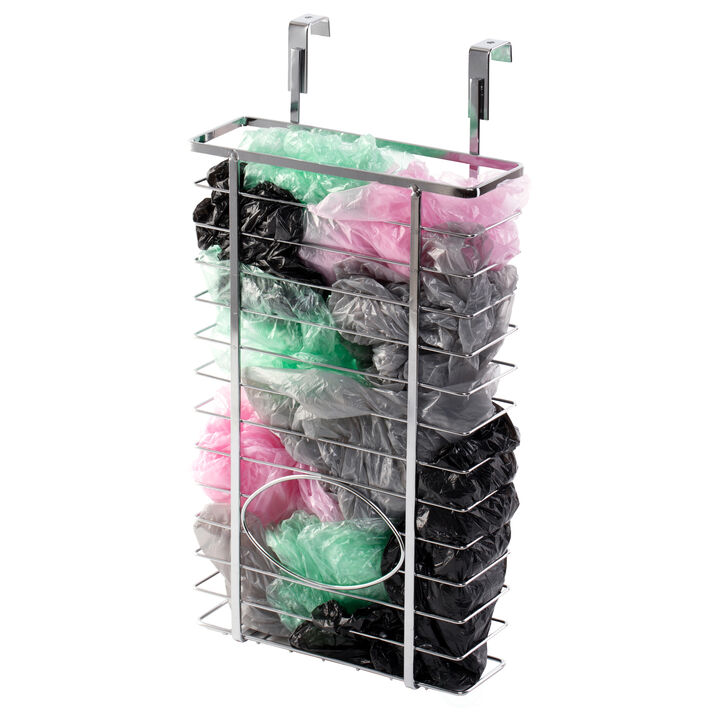 Durable Chrome Metal Grocery Bag Holder – Multi-Functional Over-the-Cabinet and Over-the-Door Organizer for Maximizing Kitchen Storage, Ideal for Neatly Storing and Recycling Plastic Bags with Ease