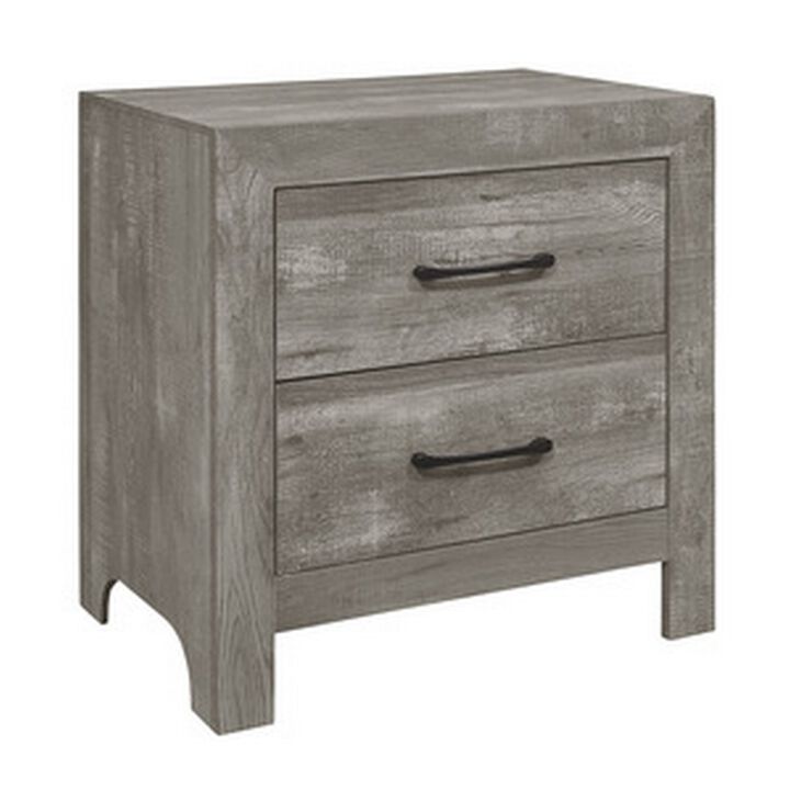 Adia 24 Inch Classic 2 Drawer Nightstand, Metal Handles, Rustic Gray Finish-Benzara
