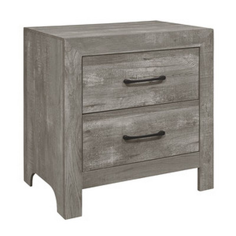 Adia 24 Inch Classic 2 Drawer Nightstand, Metal Handles, Rustic Gray Finish-Benzara