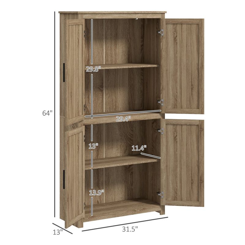 64" Natural Rattan Kitchen Pantry: 4 Doors, 4-Tier Shelves