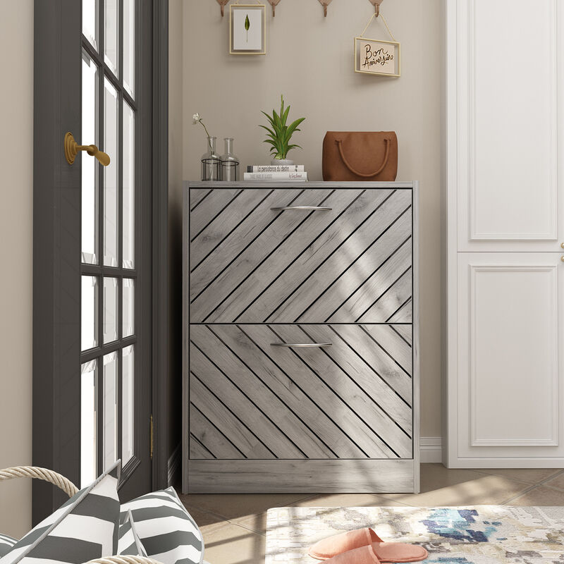 Gray 12-Pair Shoe Storage Cabinet with 2-Drawers and 4-Compartments and Wood Grain