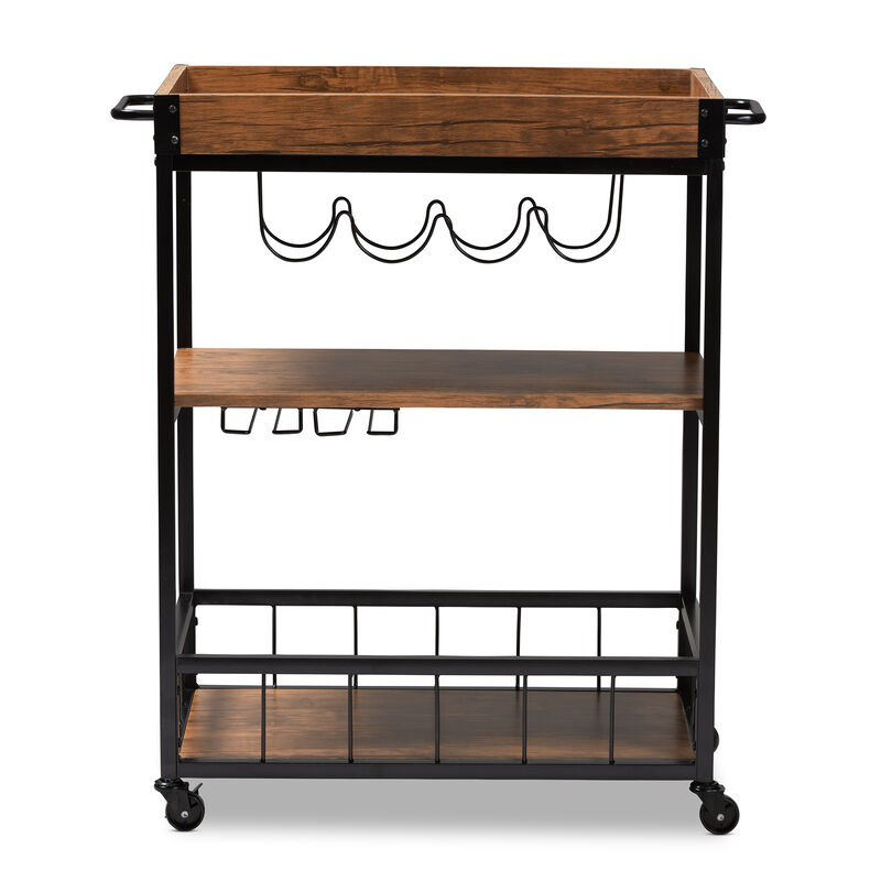 Baxton Studio Cerne Rustic Oak Brown Mobile Metal Bar Cart with Wine Bottle Rack