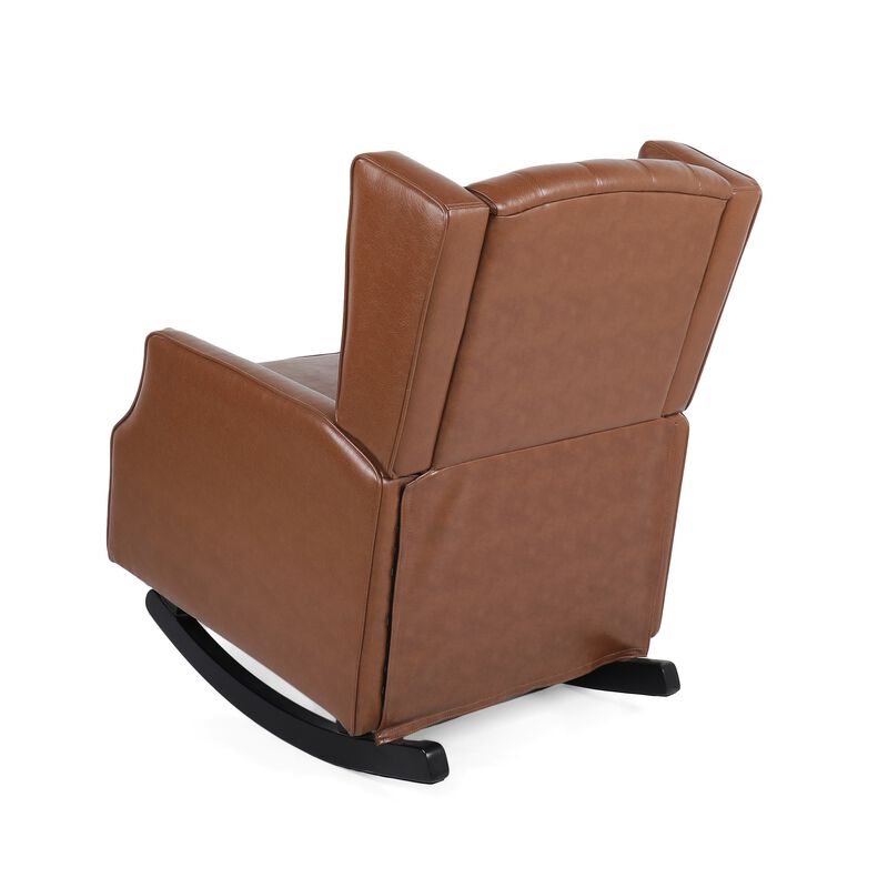 Zyna Rocking Chair, Gentle Motion, Brown Waffle Stitch Faux Leather - Benzara