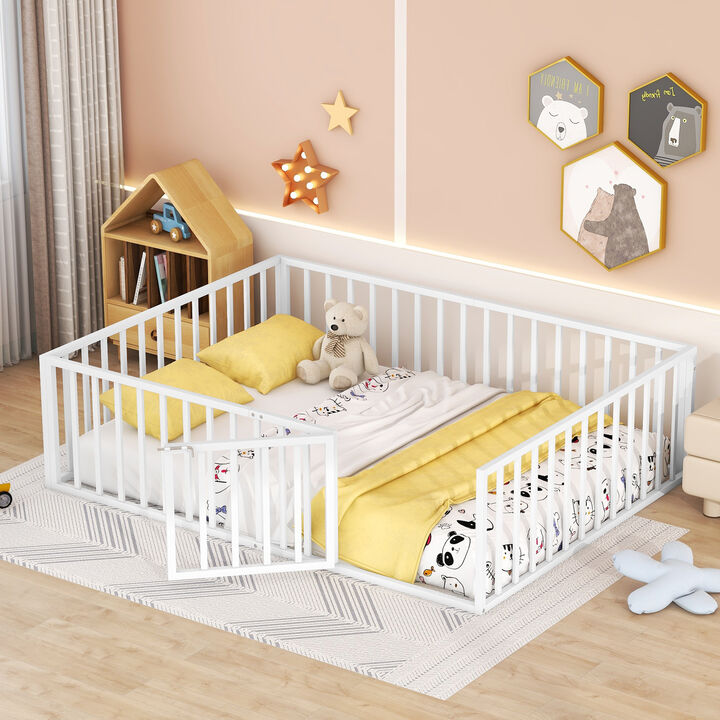 Streamdale Queen Size Metal Floor Bed Frame With Fence And Door, White