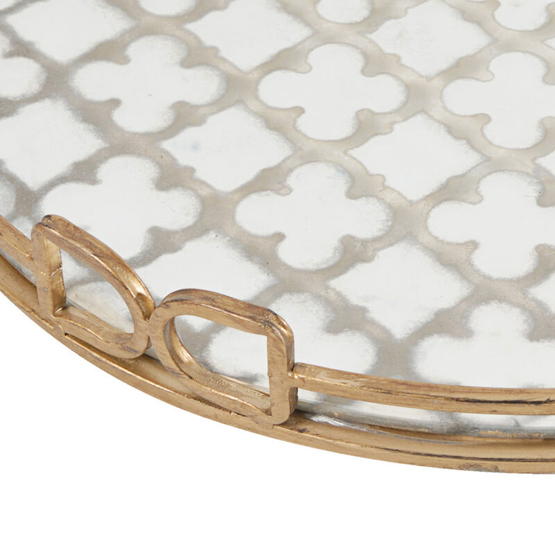 Sui 18 Inch Round Decorative Tray, Glass Bottom and Gold Geometric Frame-Benzara