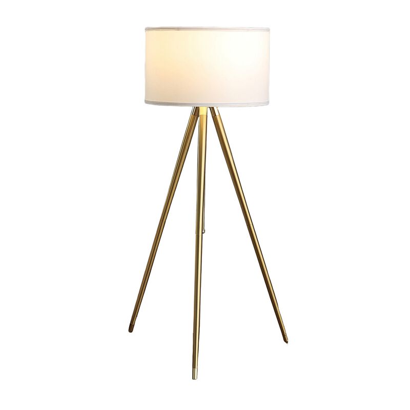 Kera Floor Lamp, White Drum Shade, Brass Gold Tripod Base 64 Inch  - Benzara