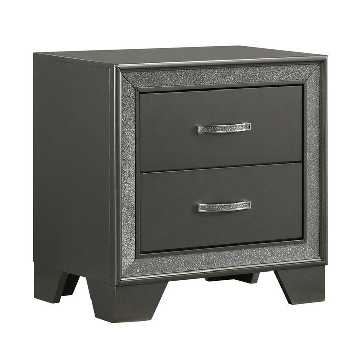 Zula 24 Inch 2 Drawer Nightstand, Faux Diamond Trim, Metal Handles, Gray-Benzara