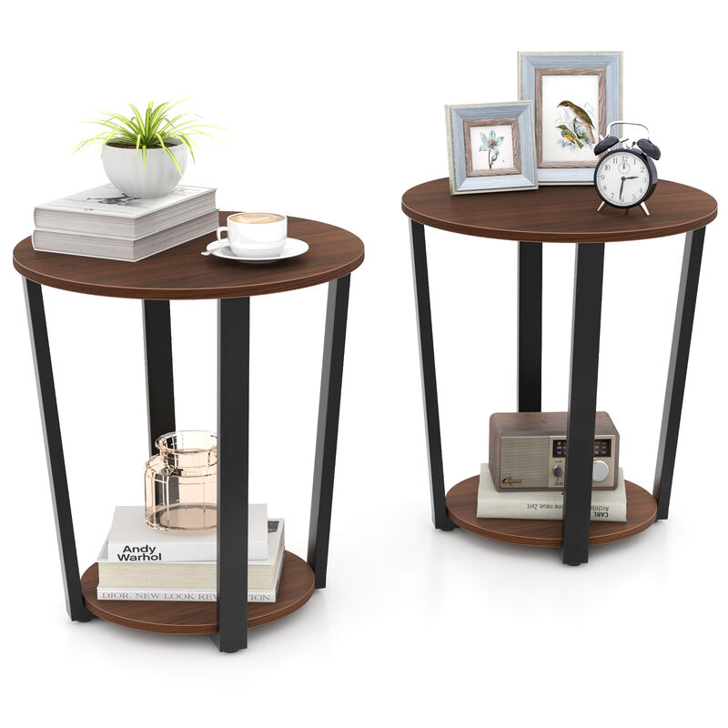 Round End Table with Open Shelf and Metal Frame for Living Room or Bedroom Storage