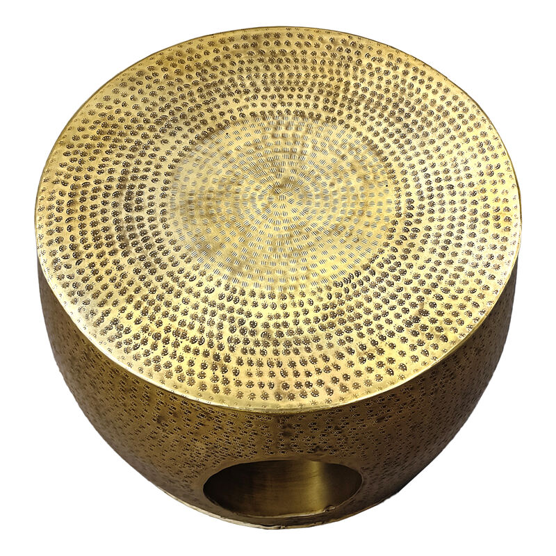 Nala 23 Inch Coffee Table, Low Round Drum Shape with Unique Hollow Center, Antique Brass Aluminum - Benzara