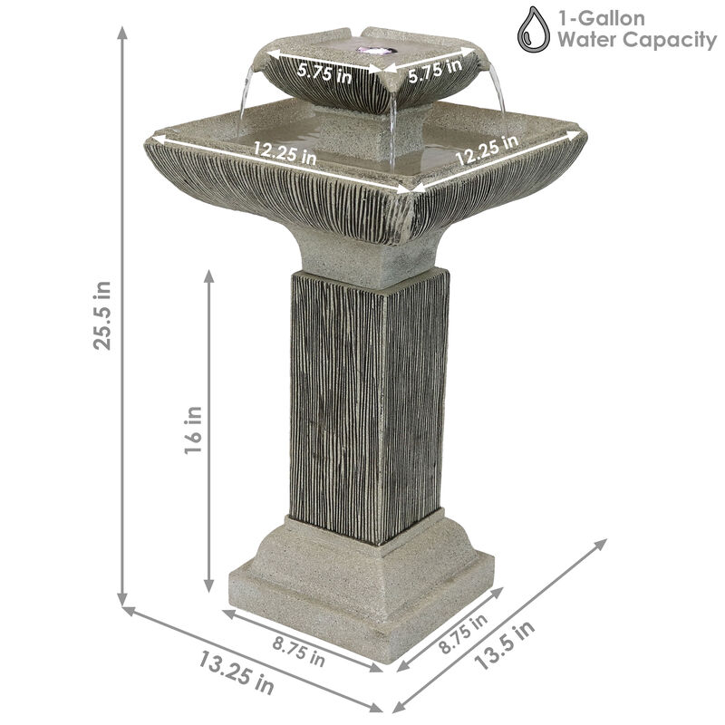 Sunnydaze Square Resin Outdoor 2-Tier Bird Bath Water Fountain with Lights