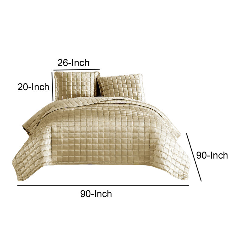 3 Piece Queen Size Coverlet Set with Stitched Square Pattern, Gold-Benzara