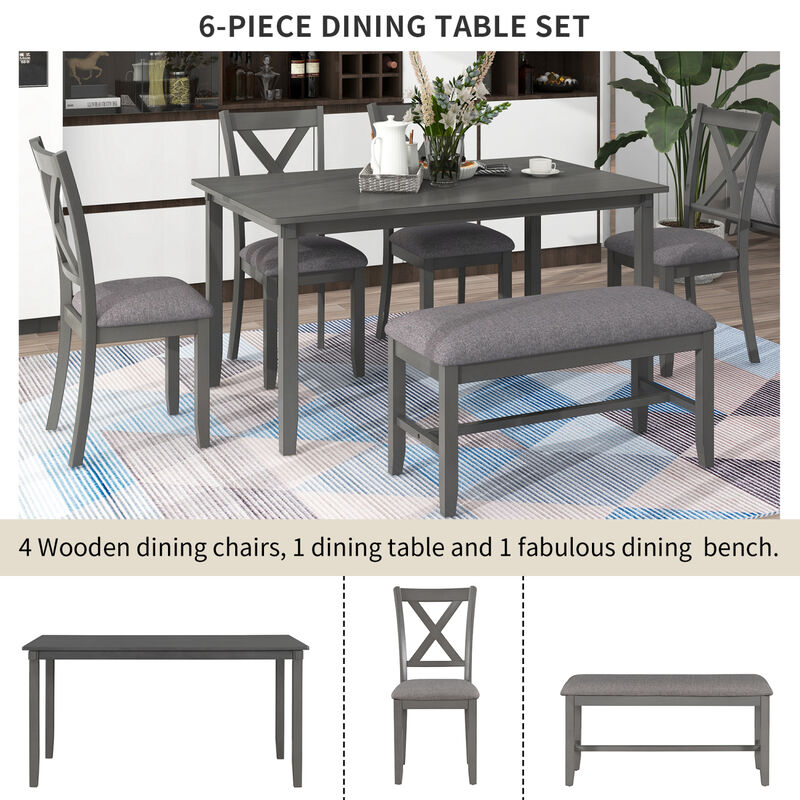 6-Piece Kitchen Dining Table Set Wooden Rectangular Dining Table, 4 Fabric Chairs and Bench Family Furniture