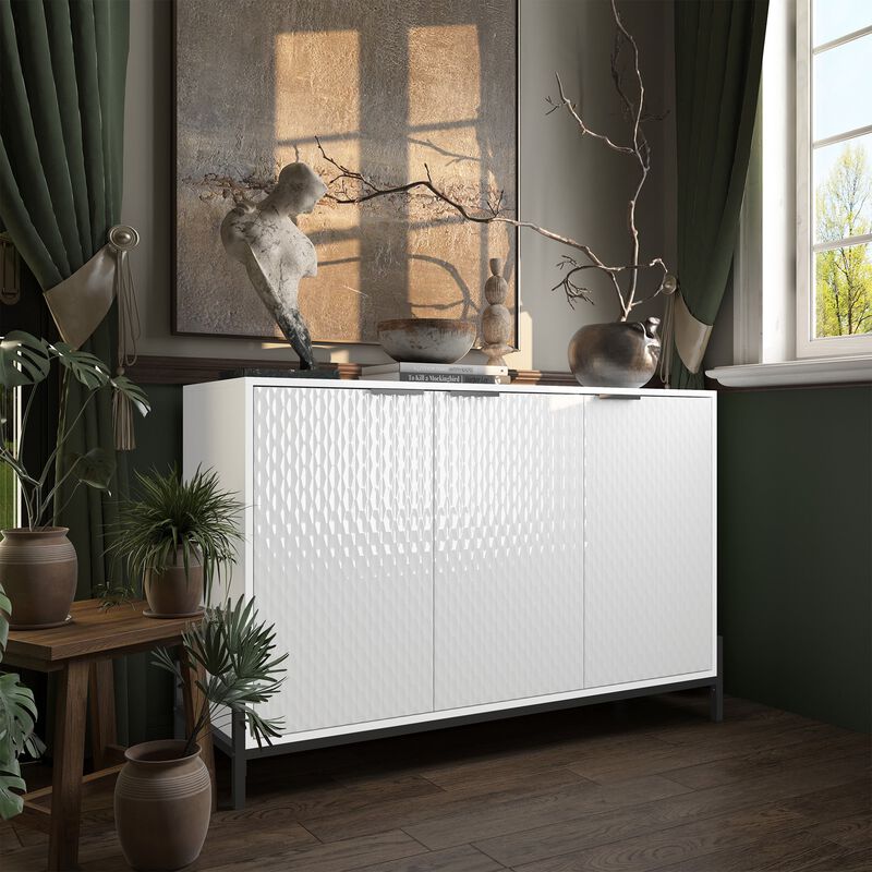 Elegant 3-Door Storage Cabinet with Adjustable Shelves and Geometric Design