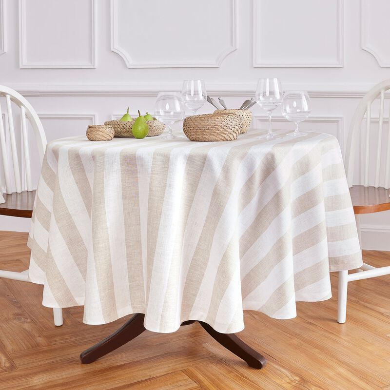 Solino Home 100% Pure Linen Round Tablecloth | Cabana Stripe for Spring & Easter