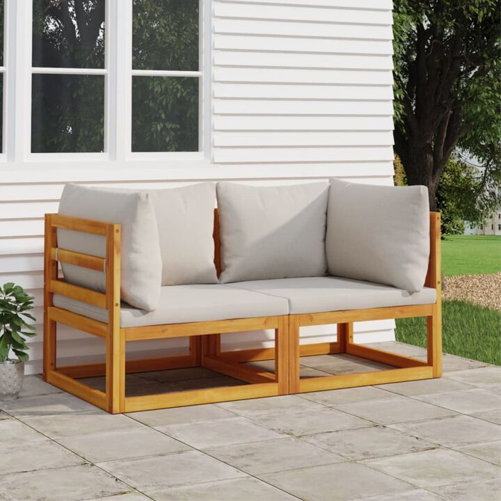vidaXL Solid Acacia Wood Sectional Corner Sofas with Light Gray Cushions - Modular Outdoor Furniture Pieces for Patio Comfort and Relaxation