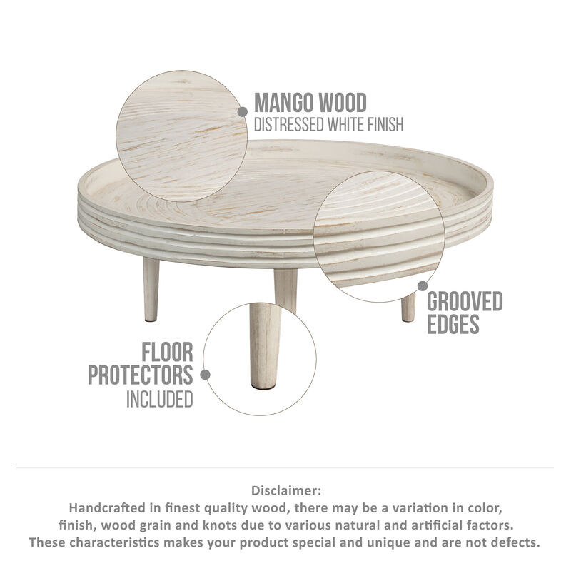 33 Inch Coffee Table, Solid Mango Wood, Handcrafted Round Grooved Raised Edge, Distressed White - Benzara