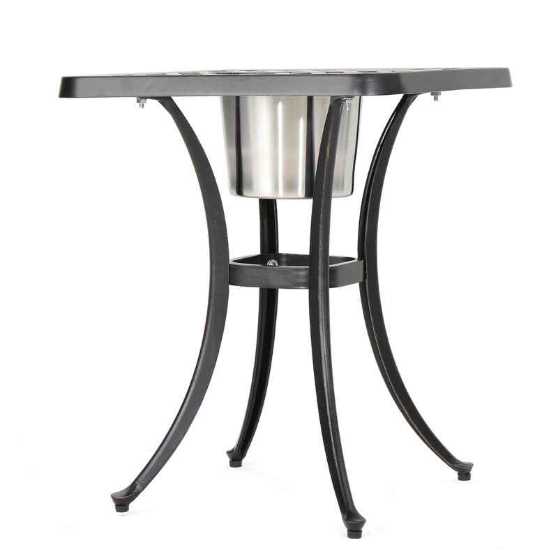 Outdoor Bistro Square Table with Built-In Ice Bucket, 21 Inch, Copper - Benzara