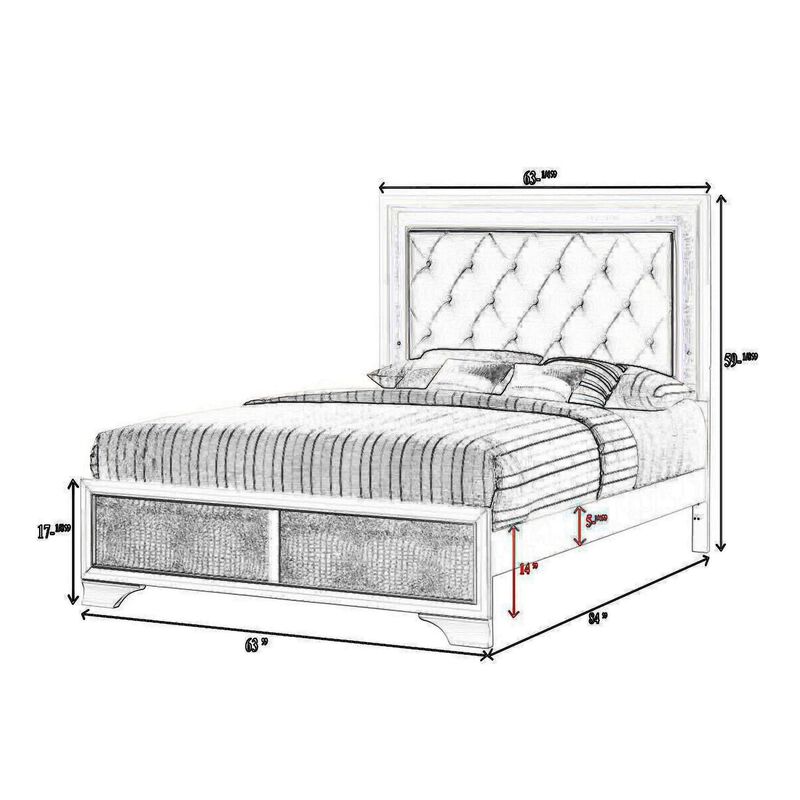 Benjara Lise Queen Size Bed, Fabric Upholstery, LED Lit, Modern Wood, White and Gray