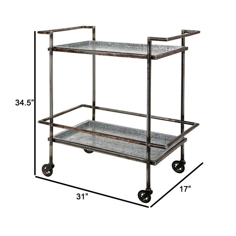 35 Inch 2 Tier Bar Cart, Industrial Style, Caster Wheels, Rustic Bronze - Benzara