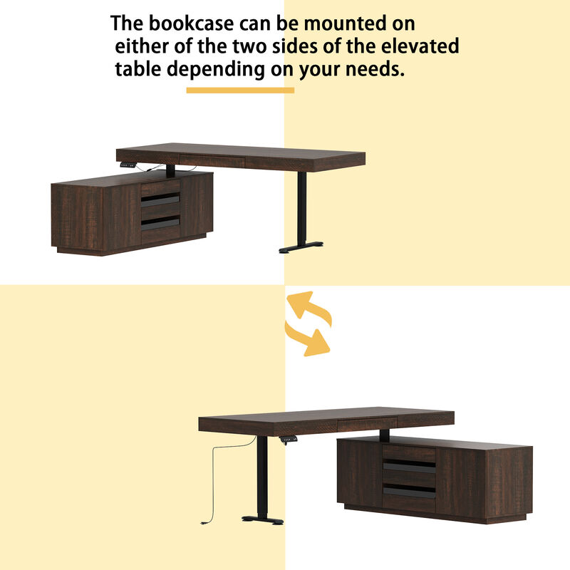FUFU&GAGA Modern Brown Wood Grain Height-Adjustable Desk with Storage, P2 MDF, with Glass Drawers and Adjustable Shelves (70.9" W x 29.1"~44.1" H x 31.5" D), Brown