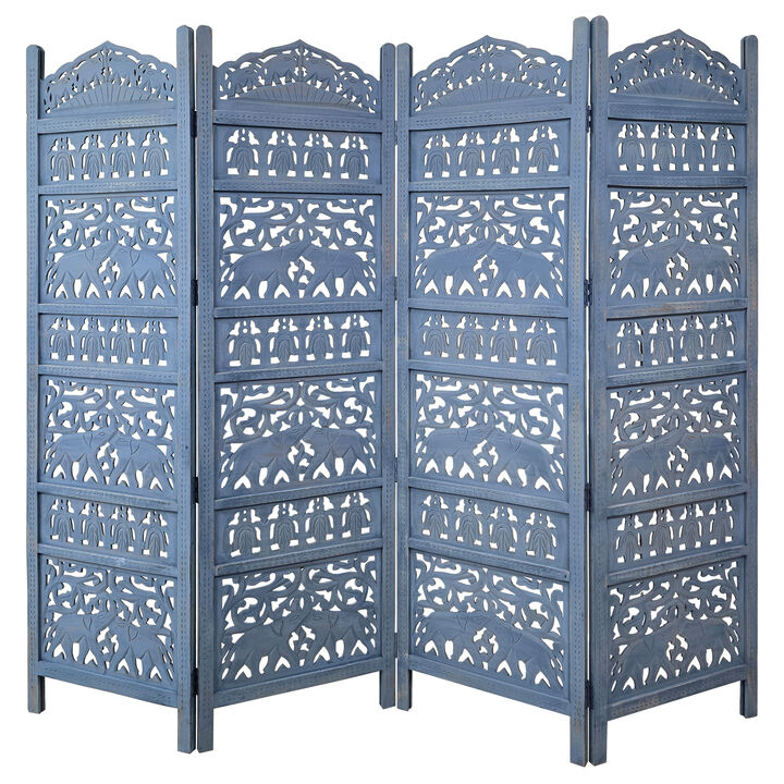 Jumbo 4 Panel Folding Room Divider Screen, Antique Blue Mango Wood, Elephant Motif Carved Design