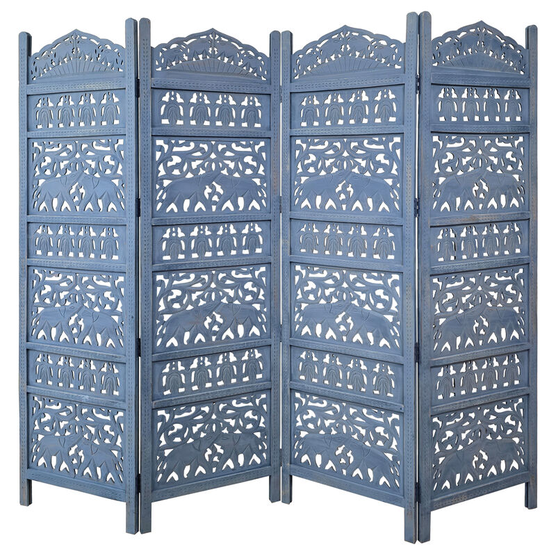 Jumbo 4 Panel Folding Room Divider Screen, Antique Blue Mango Wood, Elephant Motif Carved Design