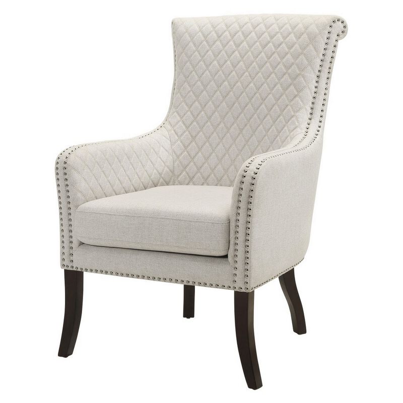 33 Inch Accent Armchair, Diamond Stitched Design, Beige Textured Polyester - Benzara