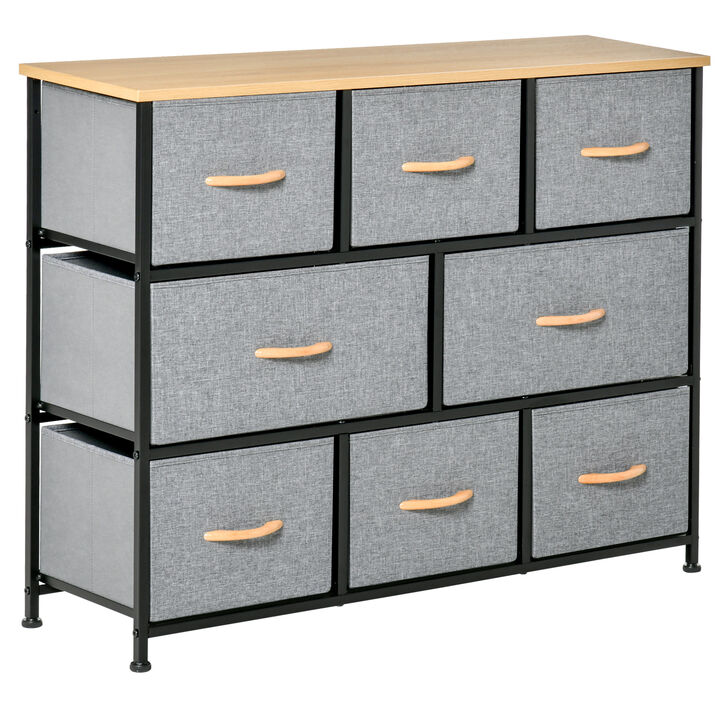 HOMCOM 8-Drawer Dresser, 3-Tier Fabric Chest of Drawers, Storage Tower Organizer Unit with Steel Frame for Bedroom, Hallway, Light Grey