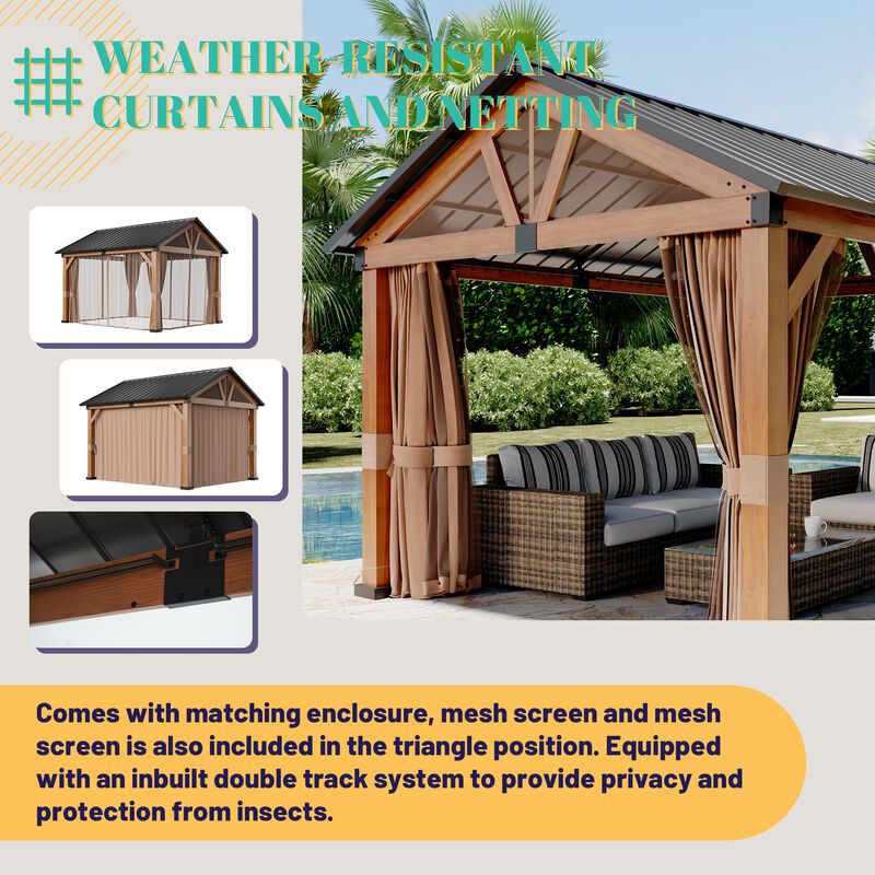 Clihome 11x12ft Patio Hardtop Gazebo with Curtains and Nettings Wooden Canopy Aluminum Frame