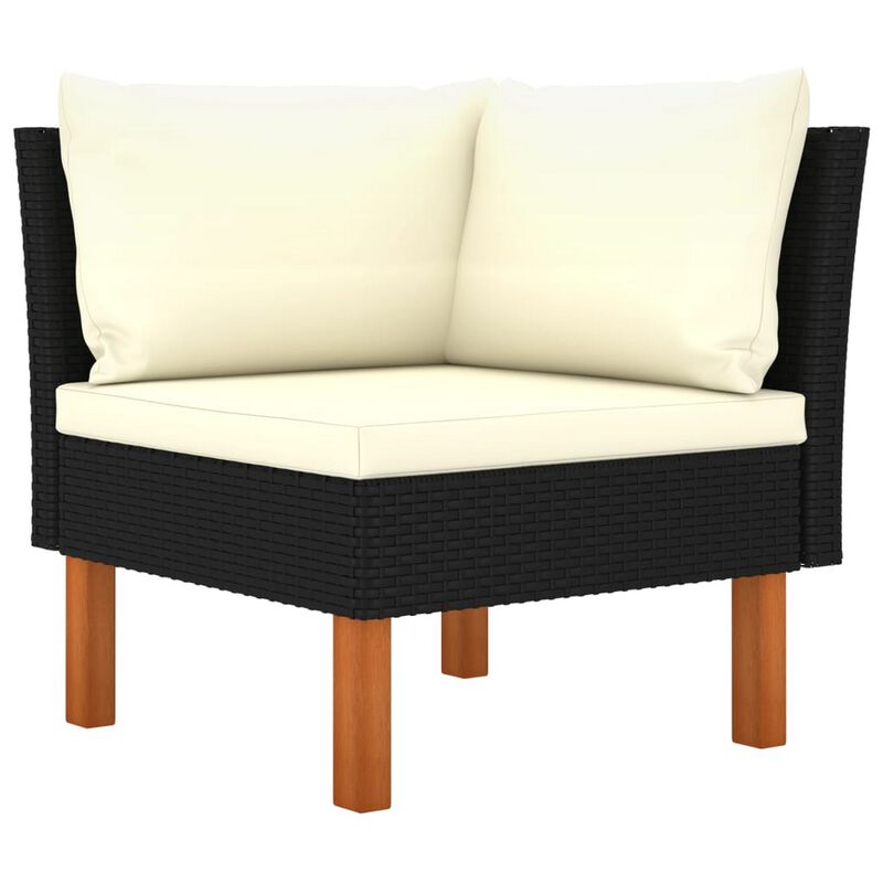 3pc Outdoor Modular Corner Sofa Set, Black Poly Rattan Ivory Polyester - Benzara