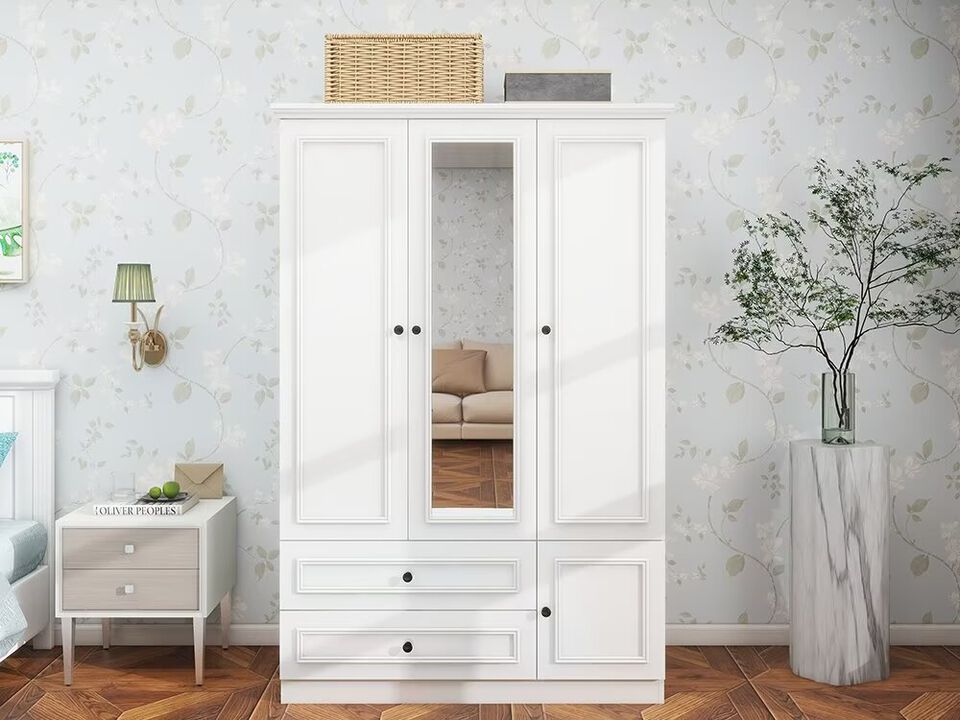 Armoire Wardrobe Closet Wooden with 3 Doors, Hanging Rods, 2 Drawers, Storage Cabinet and Mirror Large Capacity Large Wardrobe Closet for Bedroom, White