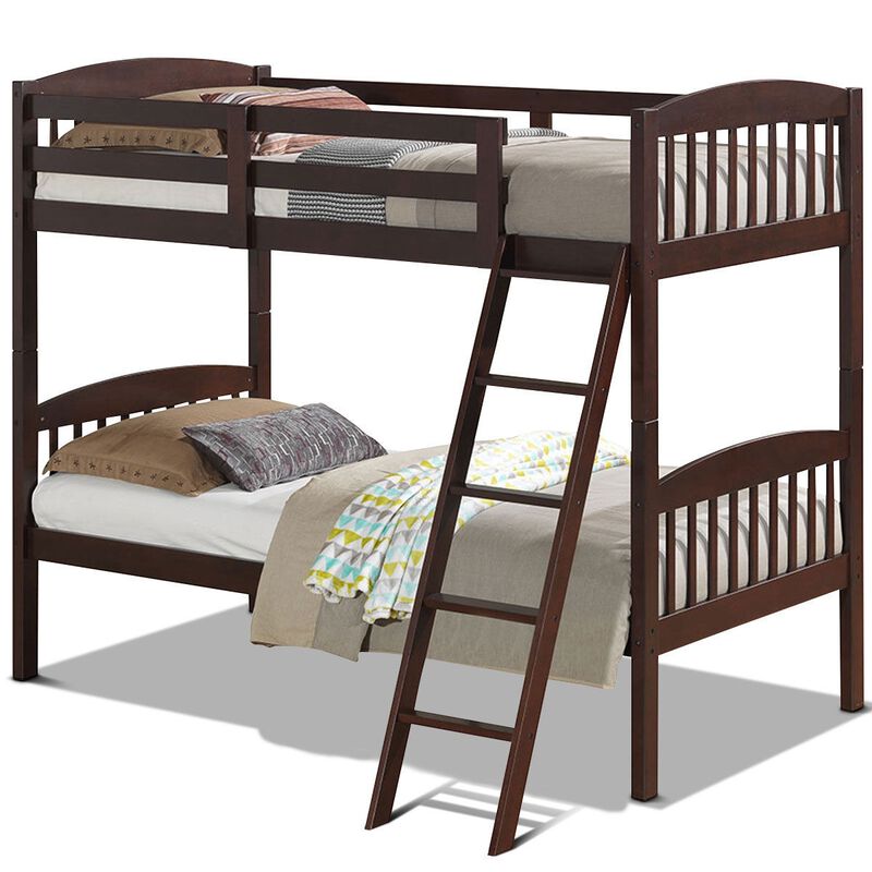 Hardwood Twin Bunk Bed Frames with Inclined Ladder and Safety Guardrails