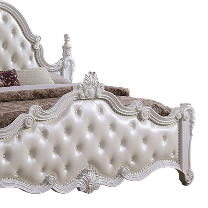 Moni King Bed, White Button Tufted Traditional Upholstery, Solid Wood - Benzara