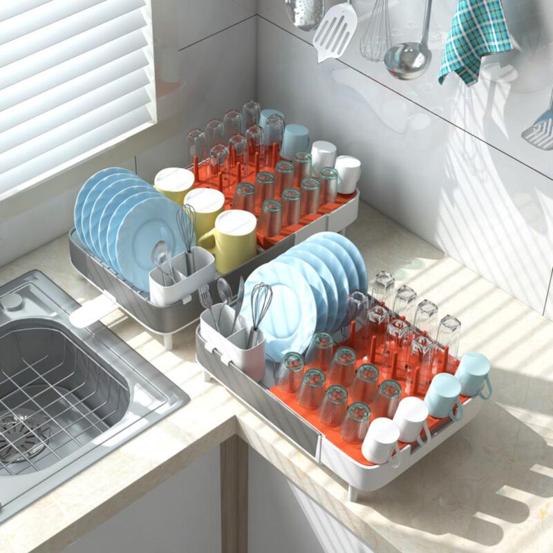 Hivvago Expandable Dish Drying Rack Adjustable Dual-Part Dish Drainer with Detachable Utensil Holder