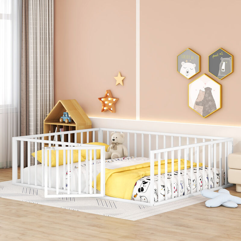 Streamdale Queen Size Metal Floor Bed Frame With Fence And Door, White