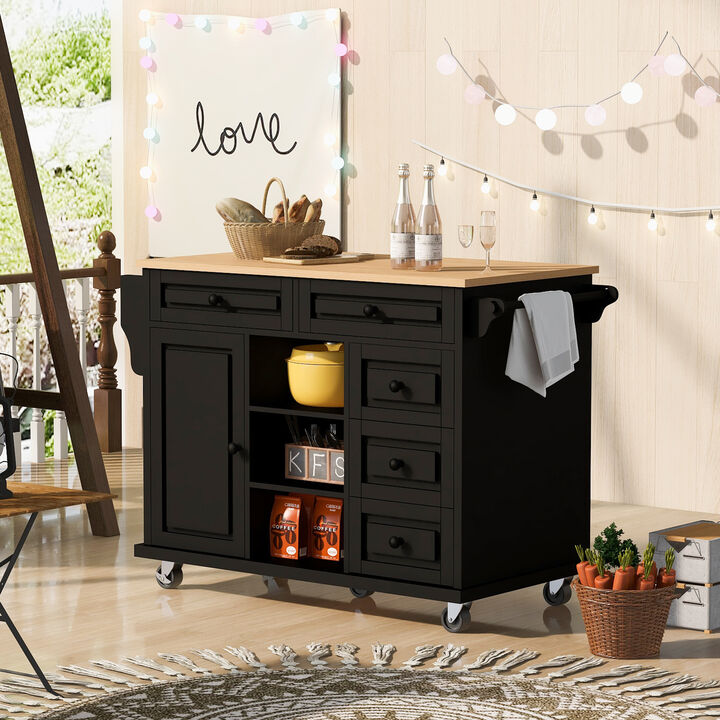 Streamdale Mobile Kitchen Cart with Rubber Wood Desktop and 5 Draws - 53" Length