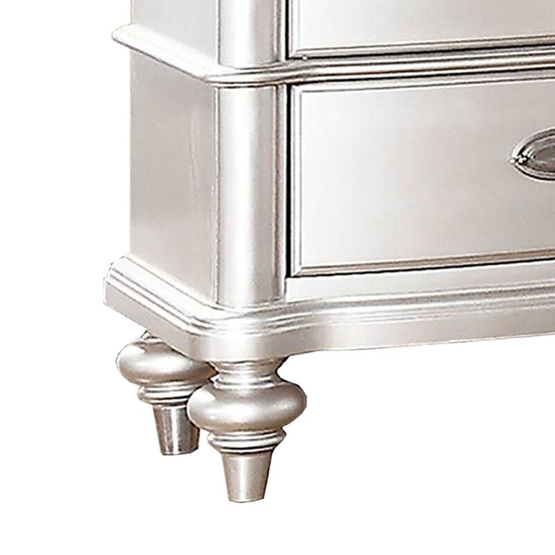 28 Inches 2 Drawer Wooden Nightstand with Turned Legs, Silver-Benzara