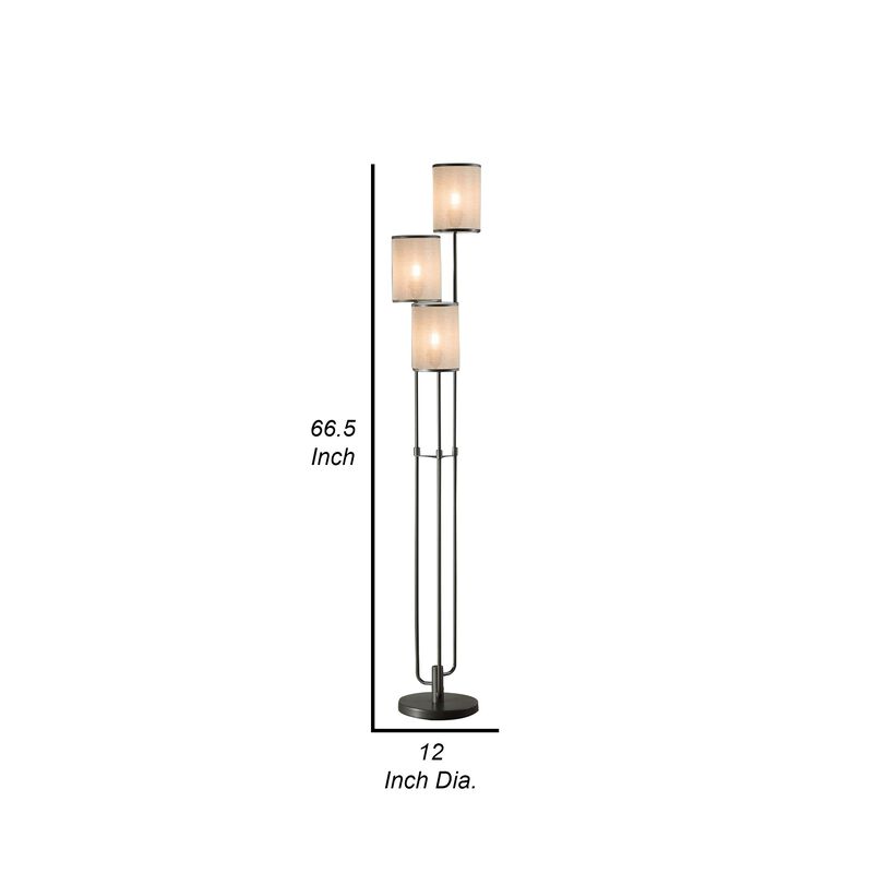 Zen 67 Inch Floor Lamp, 3 Drum Fabric Shades, Round Metal Base, Gray-Benzara